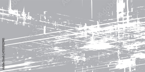 Abstract design features a textured, neutral gray backdrop with dynamic white lines and shapes creating a modern, grungy, and industrial visual effect