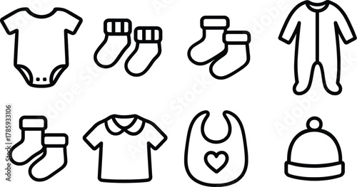 Baby Clothing Line Art Set – Black and White Doodle Icons of Onesie, Socks, Bib, Hat, Shirt, and Pajamas for Parenting Guides, Baby Products, and Educational Use