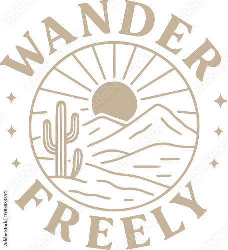A captivating, minimalistic logo design embodies the spirit of exploration and freedom, with a picturesque desert landscape featuring a cactus and mountains under a radiant sun. 