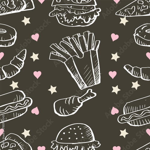 Seamless pattern with hand drawn fast food. Black background. Vector illustration.
