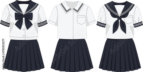 Japanese school uniform, female student outfit, sailor collar, pleated skirt, white blouse, navy blue, neckerchief, bow tie, cultural fashion, vector illustration