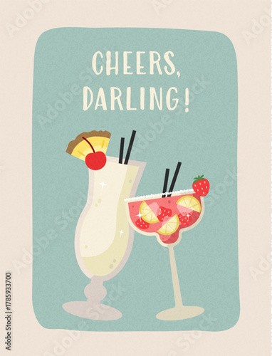 A poster featuring vibrant margarita and pina colada cocktails with sparkling details. Perfect for summer advertising, beach bar decor, or social media posts