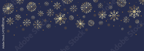 Luxurious winter background with golden snowflakes on deep blue. Elegant festive pattern ideal for holiday invitations, seasonal decor, and Christmas designs