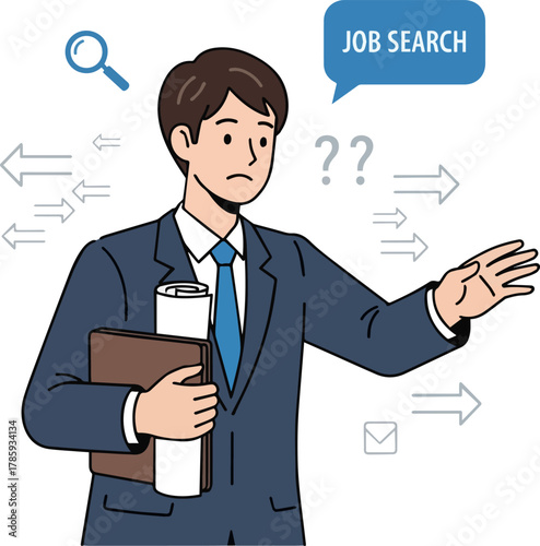 Create a Simple vector illustration of a young business person looking for a job vector art with white background..
