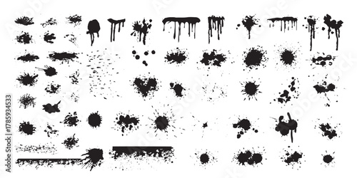 Abstract ink splatter and drip texture set with artistic brush stroke patterns. Perfect for backgrounds, graphic design, or creative art projects