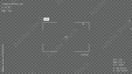 War drone camera viewfinder overlay. Template for military battle drone cam. Camera frame vector. White lines Ui on transparent background. Realistic combat drone UI frame for games video, photo.