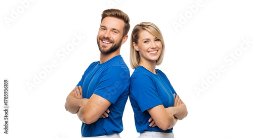 Happy couple in blue tshirts standing back to back isolated on transparent background