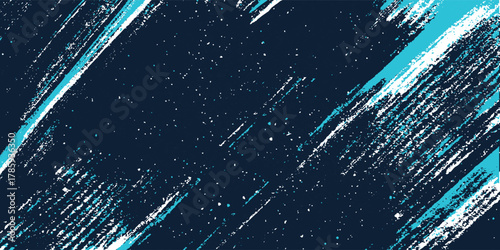 Deep navy backdrop shines with angled white and teal brushstrokes, enhanced by scattered specks to create a textured cosmic aesthetic and visually engaging design