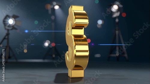 Golden Dollar Sign in Spotlight with Studio Lights