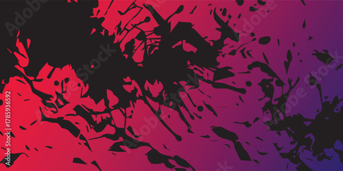 Abstract gradient background features dynamic black ink splatters set against a vibrant backdrop that blends from deep purple to a fiery red, creating a bold and modern aesthetic