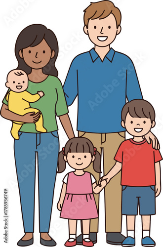 Create a kinds of deferent Family of five A simple vector illustration of a young couple, a baby, and two children vector art with white background.
