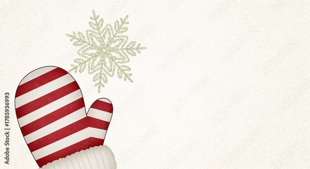 Obraz premium Red and white striped mitten with snowflake on textured background 