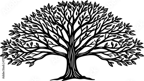 Very beautiful vector illustration of a simple black tree in doodle style, isolated on a white background, featuring hand-drawn lines, minimalist design, and a playful yet realistic natural appearance
