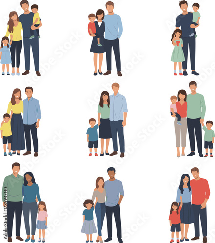Create a kinds of deferent Family of four A simple vector illustration of a young couple and two children vector art with white background..