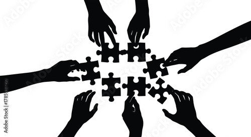 Teamwork puzzle icon vector—six silhouetted hands assembling central pieces in circular formation for collaboration and unity design visuals