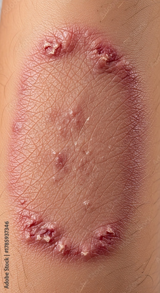 Fototapeta premium Close-up of a fungal skin infection on human skin showing a red, inflamed, and scaly rash with pustules.