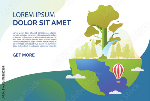 Man hiking, woman watering tree on Earth and sample text