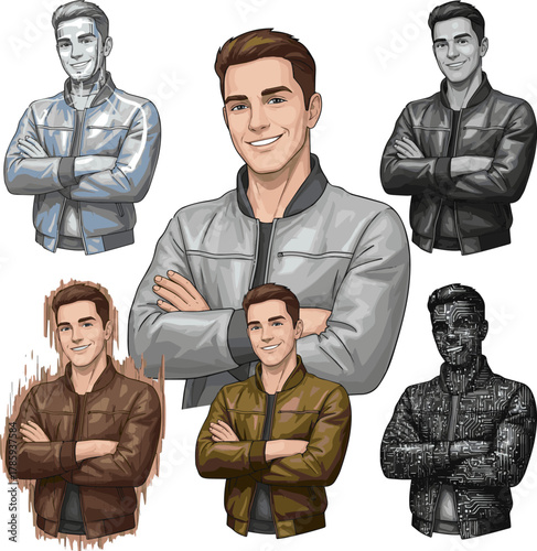 Create a kinds of deferent material of a young man wearing a jacket with his arms crossed and smiling vector art with white background..