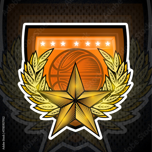 Basketball star emblem with golden laurel wreath and shining star.  Sport vector backgound
