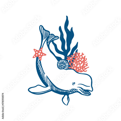 Beluga dolphin swimming with a shell, starfish and seaweed. Hand drawn vector illustration with blue lines for tiles and banners. Perfect for a card for Ocean and Marine Life Day.