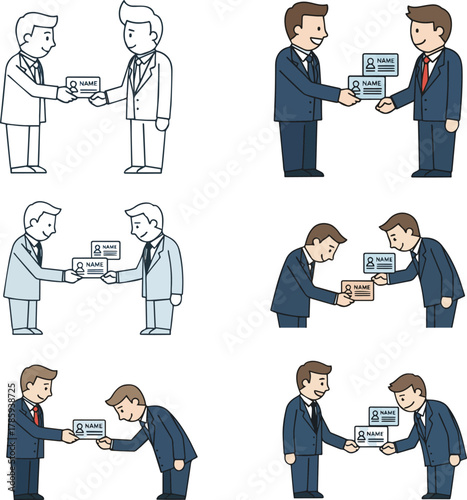 Create a kinds of deferent Simple icon illustration material of businessmen exchanging business cards vector art with white background..