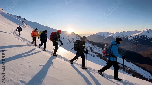 Group of hikers trekking on a snowy mountain at sunrise
