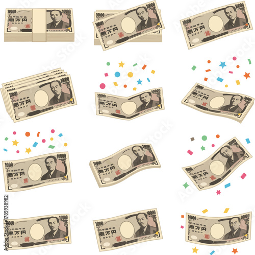 Create a kinds of deferent Simple vector icon illustration of 10,000 yen bills and confetti vector art with white background.