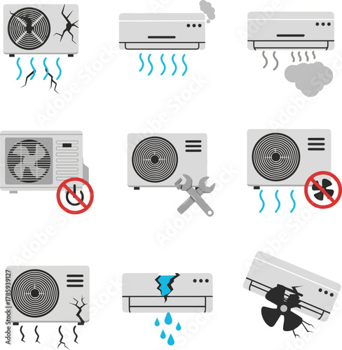 Create a kinds of deferent Simple vector icon illustration of a broken air conditioner vector art with white background.