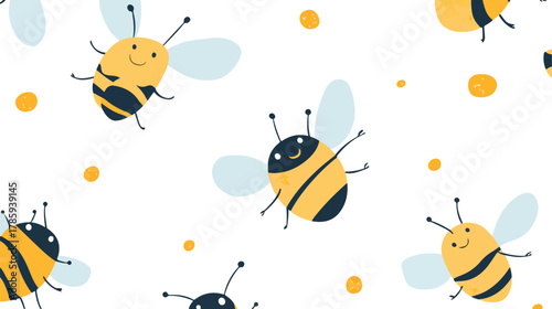 Cartoon illustration of a seamless vector pattern featuring cute bees, flowers, and honey, perfect for a cheerful spring or summer design