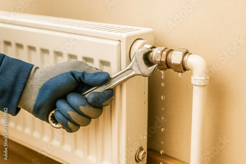 Horizontal photo showing a gloved hand using a wrench to tighten a leaking radiator valve with visible water droplets. The industrial composition highlights repair precision, home heating maintenance