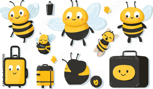 A set of bees and bumblebees flying around a flower, a cute cartoon illustration of happy yellow insects