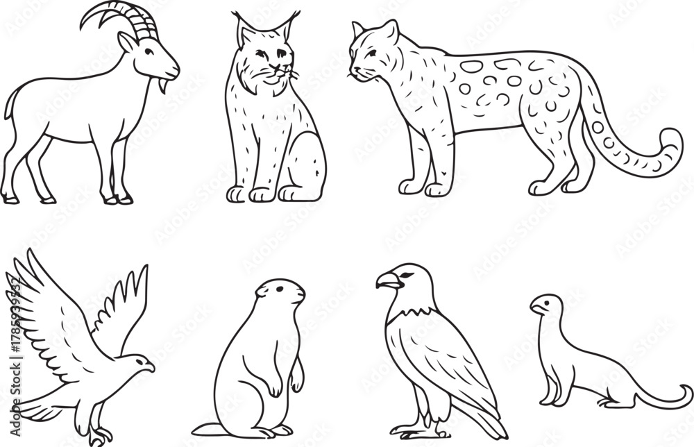 Fototapeta premium alpine animals black and white vector illustration eps