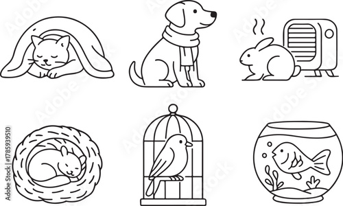 domestic pets in cozy winter scenes black and white vector illustration eps