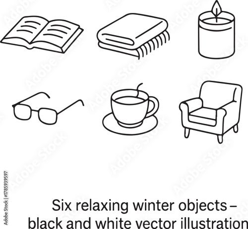 relaxing winter objects black and white vector illustration. ps
