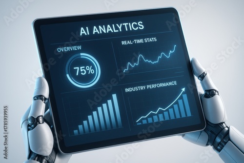 Robot hand holding a tablet displaying AI analytics dashboard, showcasing performance metrics and real-time stats. Concept of technology, automation, and data analysis.