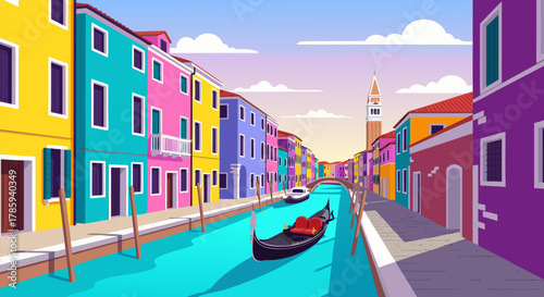 Colorful buildings line a canal in a vibrant city with a gondola passing, a beautiful landscape scene