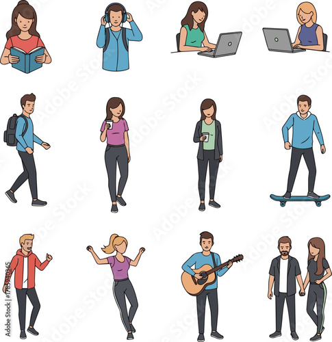  Create a kinds of deferent Simple vector icon illustration set material for young men and women vector art with white background.