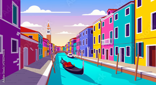 Charming vibrant cartoon illustration of Venice, Italy, featuring a picturesque canal, traditional gondolas, and a row of colorful European buildings under a bright sky