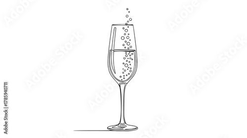Single continuous line drawing of a champagne flute with rising bubbles, minimal abstract celebration drink art