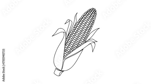 Single continuous line drawing of an ear of corn showing kernels and husk, minimal abstract harvest item art