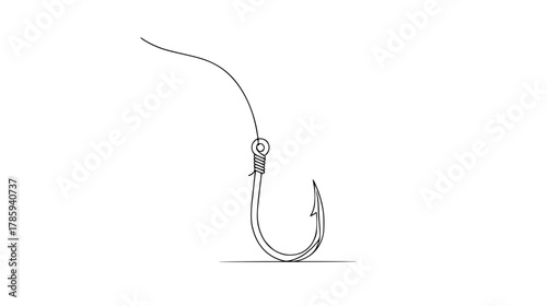 One continuous line drawing of a minimalist fish hook with a line attached, simple abstract fishing tool art