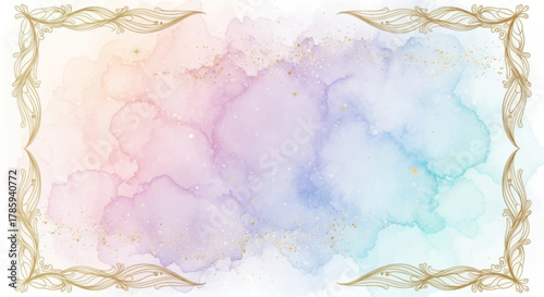 Abstract watercolor background with golden floral border and sprinkled glitter