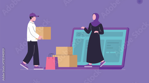 Adobe IllOnline shopping and delivery concept illustration with courier handing packages to woman standing near large laptop screen, e-commerce and digital marketplace design on purpleustrator Artwork