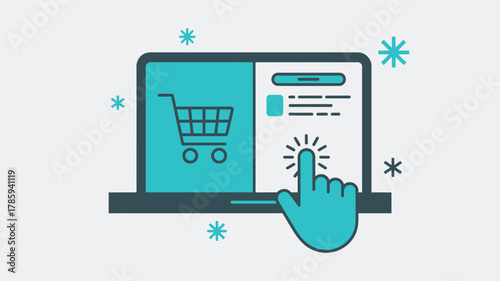 Adobe IllustrOnline shopping concept illustration with hand clicking on laptop screen showing shopping cart icon, e-commerce and digital purchase design in blue tones
ator Artwork