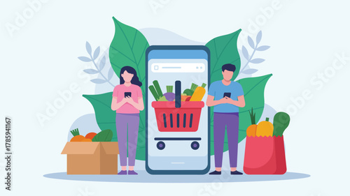 Adobe IllusOnline grocery shopping concept illustration with people using smartphones and large mobile screen displaying shopping cart filled with fruits and vegetables, digital food deltrator Artwork