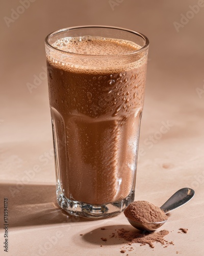 Protein shake chocolate gym nutrition fitness drink supplement powder.Glass of chocolate protein shake with visible condensation, next to a scoop of powdered supplement.