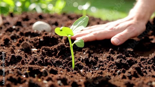 Hand gently touching a young seedling growing in rich soil