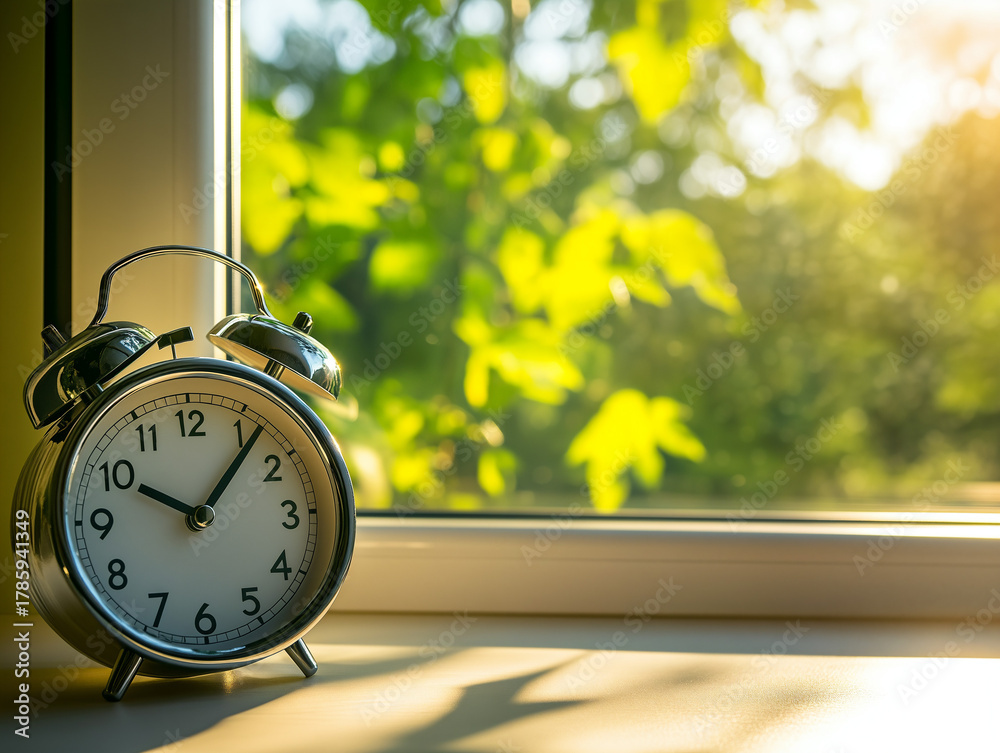 custom made wallpaper toronto digitalRetro Silver Alarm Clock in Sunlit Window Corner with Blurred Garden Foliage View