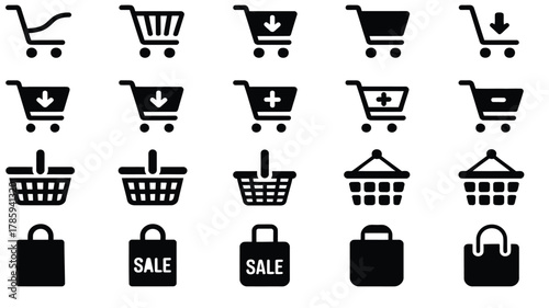 Adobe IllustratBlack shopping icon set with carts, baskets, and bags symbols representing e-commerce, online shopping, sales, and retail concepts on white background
or Artwork