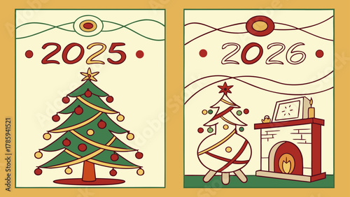 Two christmas cards featuring christmas trees and a fireplace with the years 2025 and 2026 printed on them